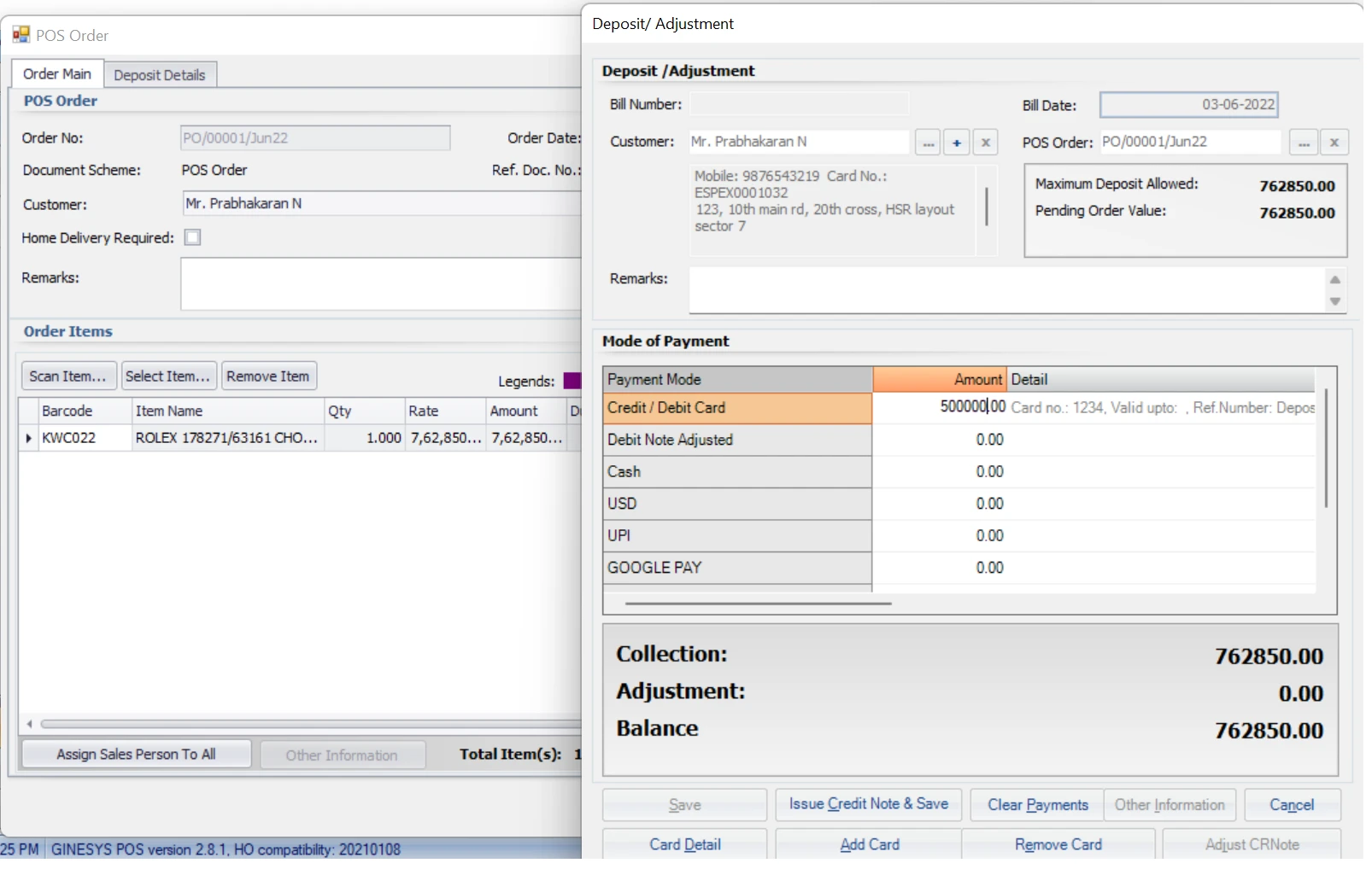 Customer Deposits on Ginesys desktop pos