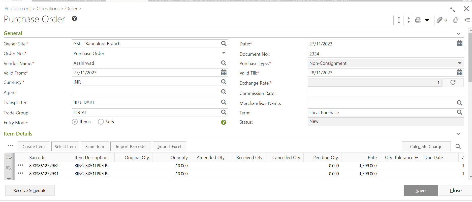 Scan barcodes and automate PO to GRN to PI and GRT Transactions